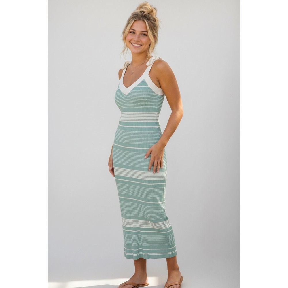 Mable Striped Knit Midi Dress Womens M Mint Green Ivory Tie Shoulder V Neck NWOT